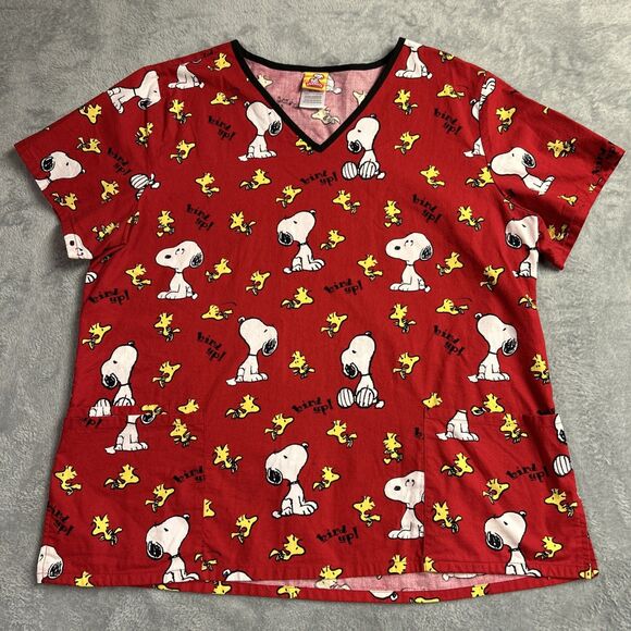 Peanuts Tops - Peanuts Medical Scrub Top Snoopy Woodstock Red XL Cotton Mens/Womens Short Sleev
